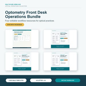 May include: A digital bundle of four editable workflow templates for optometry front desk operations. The documents include a reception daily opening checklist, daily closing checklist, insurance benefits guide, and contact lens ordering form.