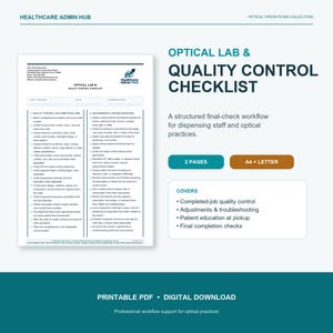 May include: A two-page printable Optical Lab and Quality Control Checklist document. The form includes sections for quality control of completed jobs, adjustments, and troubleshooting for optical practices, available in A4 and Letter paper sizes.