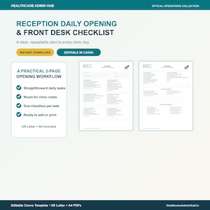Può includere: Un modello digitale intitolato Reception Daily Opening & Front Desk Checklist per l'amministrazione sanitaria. Il documento include due pagine di elenchi di attività, caselle di controllo e sezioni per note, nei formati US Letter e A4.