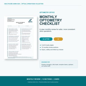 Könnte beinhalten: Ein digitales Dokument mit dem Titel Monthly Optometry Checklist von Healthcare Admin Hub. Die Seite enthält Abschnitte für Kalenderüberprüfung, Patientenrückrufe, Versicherungen, Finanzaktivitäten, Optikbestellungen und Klinikbedarf.