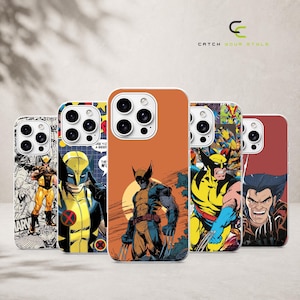 May include: Five smartphone cases featuring various comic book illustrations of the character Wolverine. The designs include black and white panels, a yellow and blue suit, and a close-up of the character with extended claws on a solid orange background.