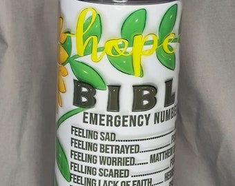 Bible Emergency Numbers, Angel, Stained Glass Straight Skinny Stainless Tumblers with Clear Sliding Lids and Black Straws.