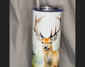 Deer and Elk, Skinny Stainless Tumblers with Clear Sliding Lids and Clear Straws.