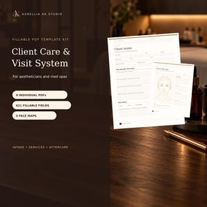 May include: A fillable PDF template kit titled Client Care & Visit System for aestheticians and med spas. The kit includes 9 individual PDFs, 621 fillable fields, and 5 face maps. The document displays a client intake form and a facial skin map.