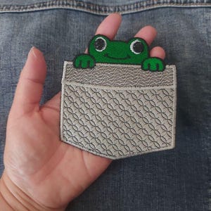 014 - Green Frog Pocket Embroidered Patch, Sew-On