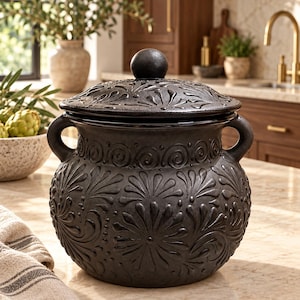 Mexican Barro Bean Pot with Lid – Handmade Frijolera, Traditional Mexican Pottery Cooking & Serving Pot