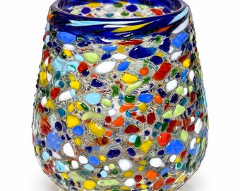 Mexican Hand Blown Stemless Wine Glass, Confetti Rock Textured Goblet, Colorful Artisan Glass with Cobalt Blue Rim and Foot