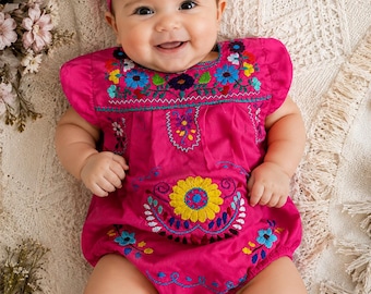 Mexican Puebla Baby Romper – Traditional Puebla Dress Style Infant Outfit with Snap Bottom, Colorful Mexican Baby Girl Clothing 0-24 Months