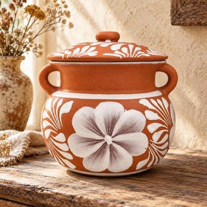 Mexican Barro Bean Pot with Lid White Floral – Handmade Frijolera, Traditional Mexican Pottery Cooking & Serving Pot