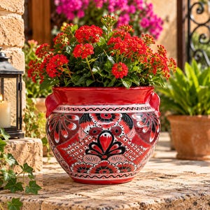 May include: A round ceramic planter with a glossy red finish, featuring intricate hand-painted black and white floral and geometric patterns. The pot has two small side handles and is filled with a vibrant cluster of small, bright red flowers.