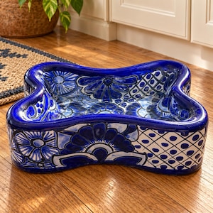 Mexican Talavera Dog Bowl, Blue White Bone Shaped Ceramic Pet Food Water Dish, 12 Inch Handmade Mexican Pottery