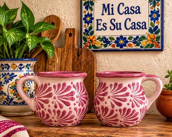 Set of 2 Mexican Pottery Mugs – Pink Terracotta Talavera Style Design, 12 oz Clay Tazas, Handmade Large Coffee Cups