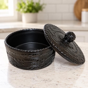 Black Mexican Talavera Tortilla Warmer with Lid, 9 Inch Handmade Ceramic Tortilla Holder, Mexican Pottery Kitchen Decor