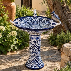 May include: A ceramic birdbath featuring a white and deep blue intricate pattern. The basin is supported by a cylindrical pedestal and is adorned with three small bird figures perched on the rim, including one realistic blue jay figurine.