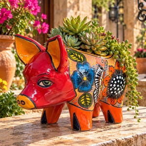 May include: A ceramic pig-shaped planter featuring a glossy red head and orange body, hand-painted with vibrant blue flowers, orange sunflowers, and black accents. The hollow back is filled with a variety of green succulents and trailing vines.