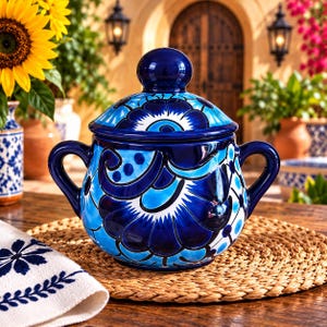 May include: A round ceramic lidded bowl featuring a vibrant hand-painted floral pattern in shades of dark blue, light blue, and white. The vessel includes two curved side handles and a matching spherical lid knob, showcasing a glossy finish.