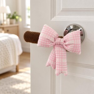 Pink & Blue Gingham Door Handle Cover, Cute Bow Handle Protector, Soft Door Lever Sleeve, Left or Right Opening, Girls Bedroom Decor