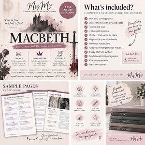 Peut inclure: Un guide de révision numérique pour Macbeth avec une illustration de château, une épée et du texte détaillant 44 pages de contenu, incluant des points d'intrigue, des thèmes, des profils de personnages, des citations et des plans de dissertation.