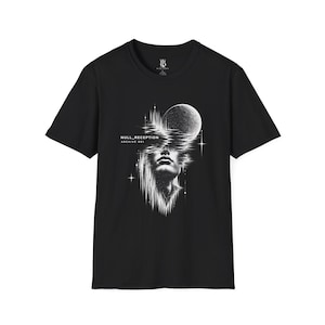 May include: A black short-sleeve t-shirt featuring a white graphic print of a human face partially obscured by digital glitch effects and a moon. The text "NULL_RECEPTION" and "ARCHIVE 001" is printed in white on the left side of the graphic.