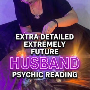 May include: A person wearing a black top and a purple headwrap, with a silver necklace, performing a reading. The text reads: EXTRA DETAILED EXTREMELY FUTURE HUSBAND PSYCHIC READING. The scene is illuminated by two glowing orange candles on a dark fabric surface.