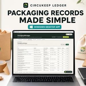 Packaging EPR & PPWR Software for Etsy Sellers, Recycled Content Tracker, Windows Desktop App, Multi-Language, Reports, CircuKeep Ledger