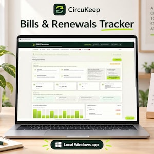 Op de afbeelding: Een laptopscherm met de interface van de CircuKeep Bills & Renewals Tracker software. Het dashboard toont financiële gegevens, betalingsoverzichten en een factuurprognose voor 12 maanden met groene staafdiagrammen. Tekst bevat CircuKeep, Bills & Renewals Tracker en Local Windows app.