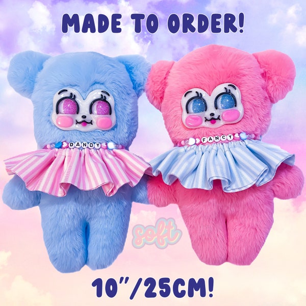 Artist Plush "Fancy and Dandy"! 10"/25cm Teddy Bear Plushie Kitsch Retro Vintage Rushton Rubber Clay Face Style Cute Kawaii Pastel Pink Blue