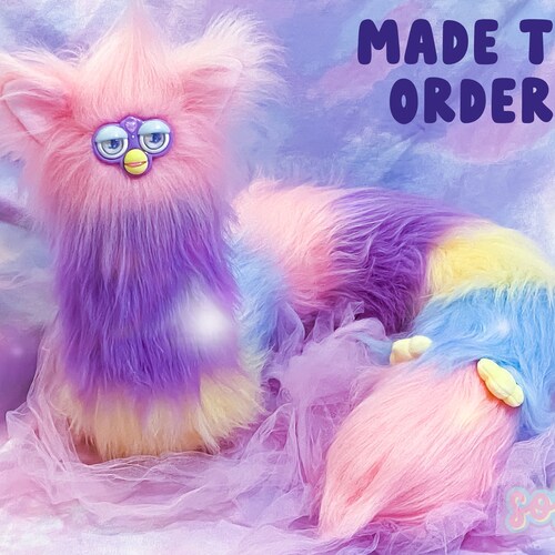 Long Furby "Sparkle"! *PREORDER* 4ft / 120cm Pastel Rainbow Stripe Custom Handmade Plush Plushie with Spine
