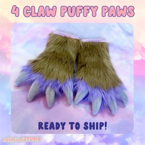 May include: A pair of brown furry hand paws with purple tips and claws. The paws are ready to ship. 4 Claw Puffy Paws.
