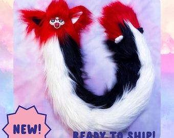 Long Friend &quot;Blood Moon&quot;! *Ready to Ship* 4ft / 120cm Black White Red Stripe Goth Custom Handmade Plush Plushie with Spine Furby Inspired