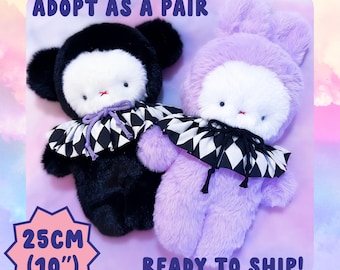 Pierrot Bunny and Bear Plushies! 10&quot;/25cm Sold as Pair! Ready to Ship Plush Cute Kawaii Pastel Black Goth Gothic Clown Retro