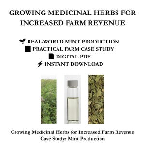 May include: A digital document titled MINT PRODUCTION CASE STUDY: GROWING MEDICINAL HERBS FOR INCREASED FARM REVENUE. It features text, icons, and three images: a green mint field, a clear glass vial with liquid, and dried green mint leaves.