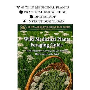 May include: A digital guide titled Wild Medicinal Plants Foraging Guide, featuring a brown woven basket filled with white flowering herbs in a field. The text includes 63 Wild Medicinal Plants, Practical Knowledge, Digital PDF, and Instant Download.