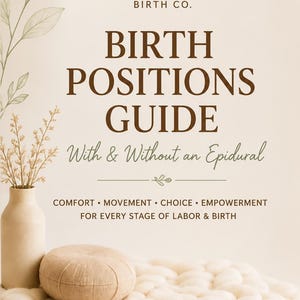 May include: A beige informational poster titled WELLSIDE BIRTH CO. BIRTH POSITIONS GUIDE With & Without an Epidural. It includes the text COMFORT • MOVEMENT • CHOICE • EMPOWERMENT FOR EVERY STAGE OF LABOR & BIRTH and YOU WERE MADE TO BIRTH YOUR WAY.