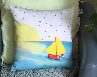 ACCENT PILLOW, Sailboat Pillow, Little Boat on a Big Ocean, Toy Boat, Beach Theme, Nautical Theme, Cover and Insert Included, 16"x 16"