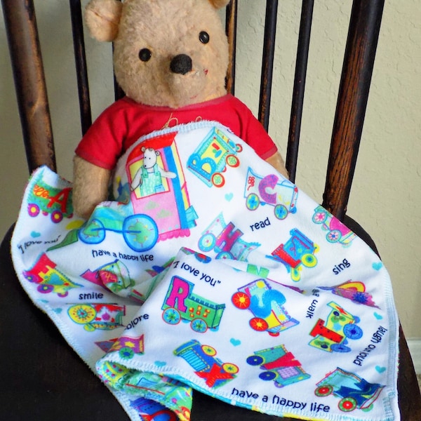 BABY LOVEY, Train Cars Alphabet, Car Seat/Stroller Blanket, Minky, Baby Comfort, Baby Shower, New Baby Gift, Soothing, Easy Care, 16"x16"