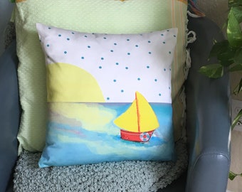 SAILBOAT ACCENT PILLOW, Little Boat on a Big Ocean, Toy Boat, Beach Theme, Nautical Theme, Cover and Pillow Form Included, 16"x 16"