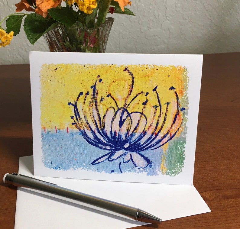 Note Cards All Occasion, Blank, Floral Note Cards, Blue Flower, Set of 6 with Envelopes and Matching Stickers, From Original Art image 1