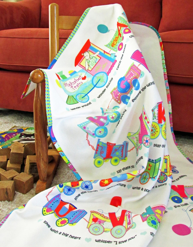 ALPHABET BLANKET, Alphabet Train Cars, Tracks are Kids Things to Do, Snuggle and Read, Talk to Your Toddler, Fleece, 48x36 image 1
