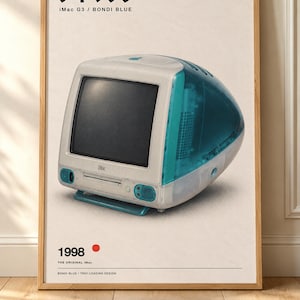 May include: A framed poster featuring a Bondi Blue iMac G3 computer. The text reads: アイマック, iMac G3 / BONDI BLUE, 1998, THE ORIGINAL iMac, and BONDI BLUE / TRAY-LOADING DESIGN. The computer is translucent blue and white.