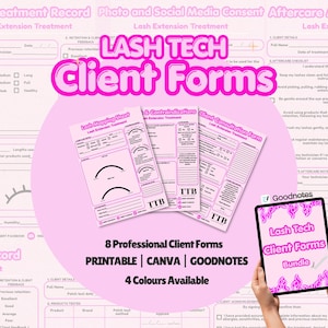 May include: A digital bundle of pink lash technician client forms featuring a lash mapping sheet, consultation form, and aftercare checklist. The set includes printable documents and a tablet display showing the Lash Tech Client Forms Bundle title.