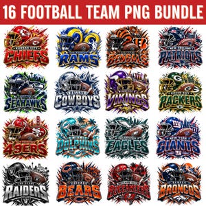 May include: A digital bundle of 16 football team graphics featuring helmets, footballs, and team names with vibrant splash art backgrounds. The text at the top reads 16 FOOTBALL TEAM PNG BUNDLE. Each design showcases specific team colors and logos.