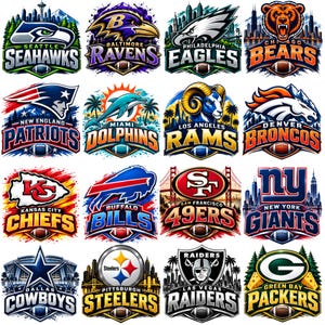 May include: A collection of sixteen National Football League team logos arranged in a grid, featuring various mascots, city names, and team names like Seahawks, Ravens, Eagles, Bears, Patriots, Dolphins, Rams, Broncos, Chiefs, Bills, 49ers, Giants, Cowboys, Steelers, Raiders, and Packers.