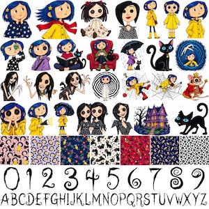 May include: A digital sticker sheet featuring various illustrations of a blue-haired character, a black cat, a large house, and other figures. The collection includes repeating patterns and a full set of numbers from 0 to 9 and letters A to Z.