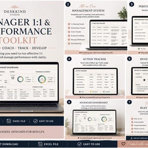 Peut inclure: Un modèle Excel numérique Manager 1:1 & Performance Toolkit par Deskkind Studio. L'image montre l'écran d'un ordinateur portable affichant un tableau de bord de gestion, un suivi des performances, des actions et des évaluations avec des graphiques.