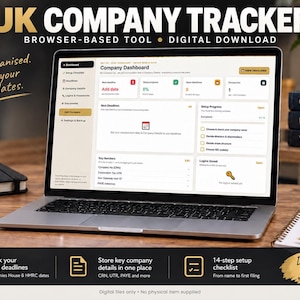 Op de afbeelding: Een laptop met het dashboard van een browsergebaseerde tool voor het bijhouden van Britse bedrijven. Het scherm toont secties voor deadlines, voortgang, kerncijfers en inloggegevens. Tekst: UK COMPANY TRACKER, BROWSER-BASED TOOL, DIGITAL DOWNLOAD.
