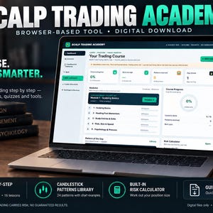 Op de afbeelding: Een laptop met het dashboard van de Scalp Trading Academy, met modules over handelsbasis, momentum en risicobeheer. Het scherm toont voortgangstrackers, een risicocalculator en een bibliotheek met patronen. Tekst bevat Scalp Trading Academy.