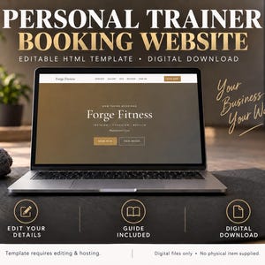 May include: A laptop displaying a personal trainer booking website template titled Forge Fitness. The screen shows navigation menus and booking buttons. Text includes Personal Trainer Booking Website, Editable HTML Template, Digital Download, Edit Your Details, Guide Included, and Digital Download.