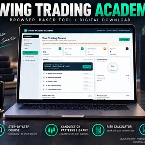 May include: A laptop displaying the Swing Trading Academy dashboard, featuring a course interface with modules, progress tracking, and a risk calculator. The screen shows text including 'Your Trading Course' and 'Module 1 - Market Basics & Trends'.