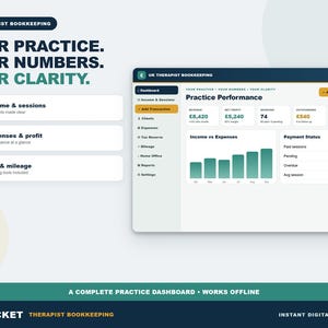 Può includere: Una dashboard di contabilità digitale per terapeuti intitolata UK Therapist Bookkeeping. L'interfaccia mostra metriche di performance come ricavi, utile netto, sessioni e riserve fiscali, insieme a un grafico a barre di entrate e uscite.